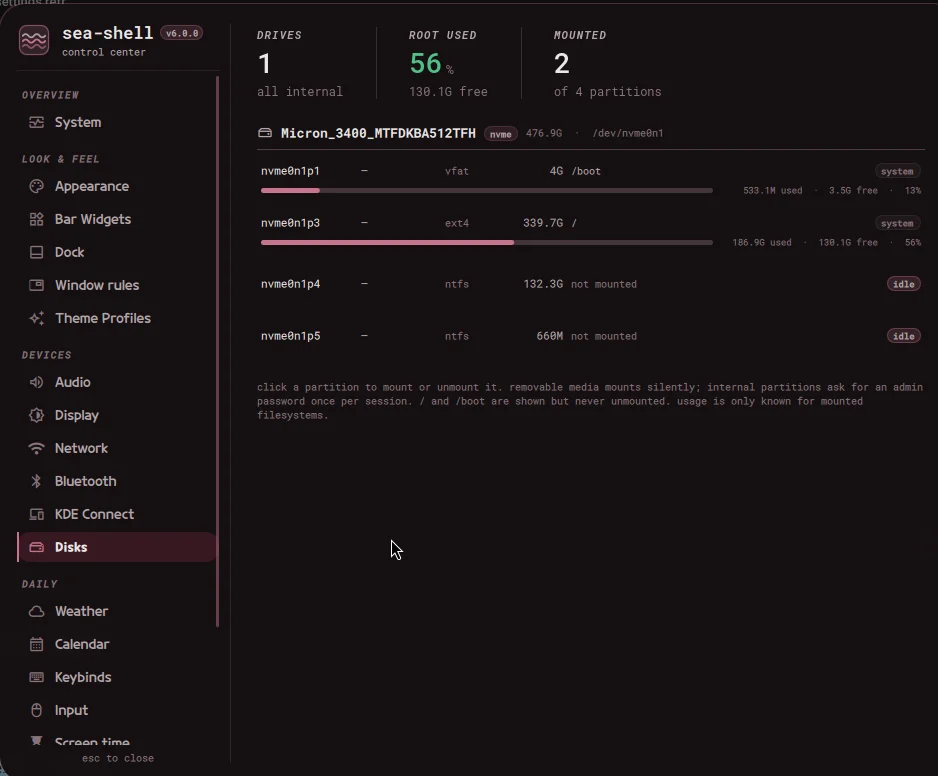 The Disks tab: drives grouped with model and bus, partitions with usage bars