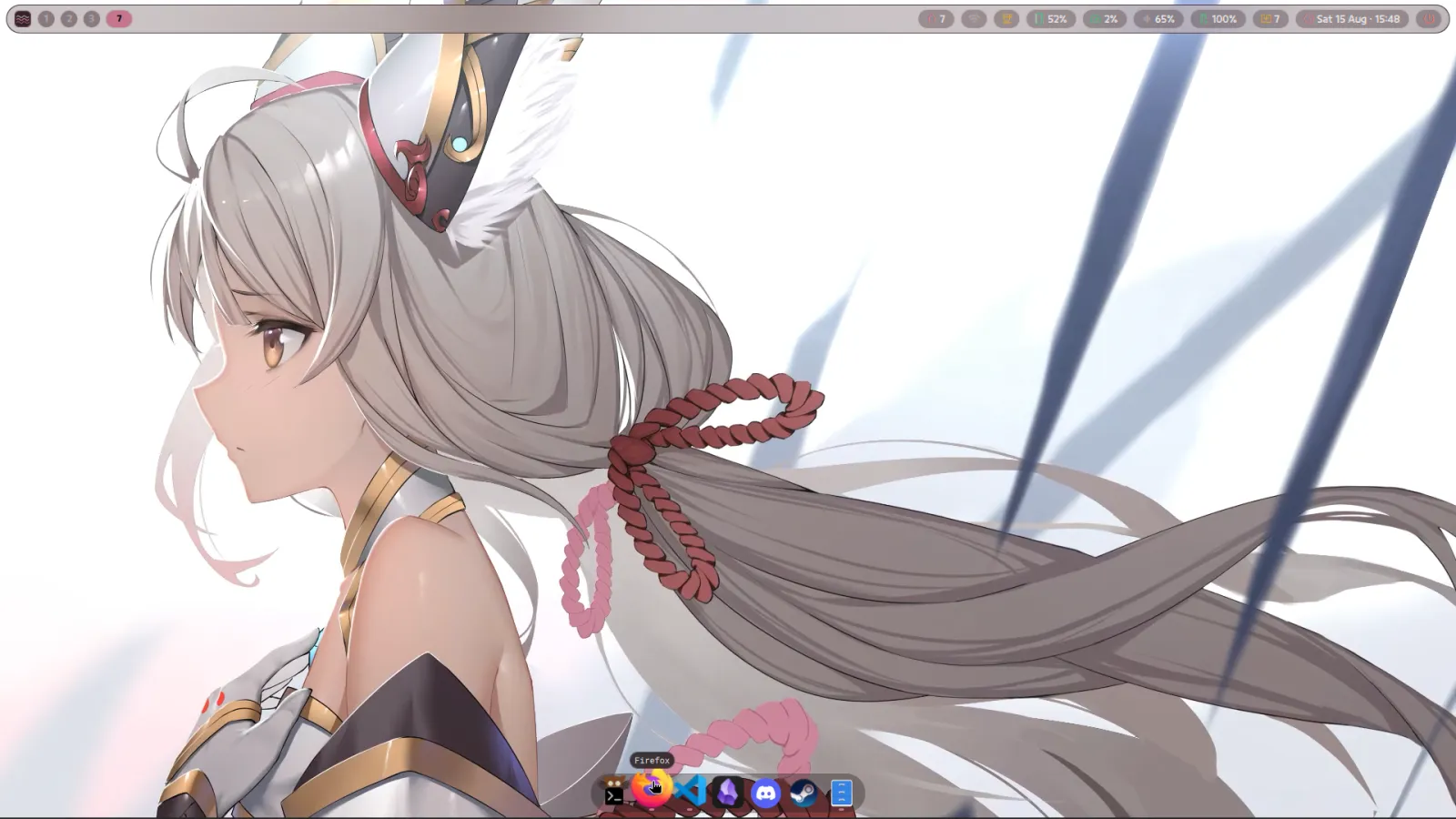 The sea-shell desktop: a translucent bar at the top, a wallpaper, and the dock at the bottom
