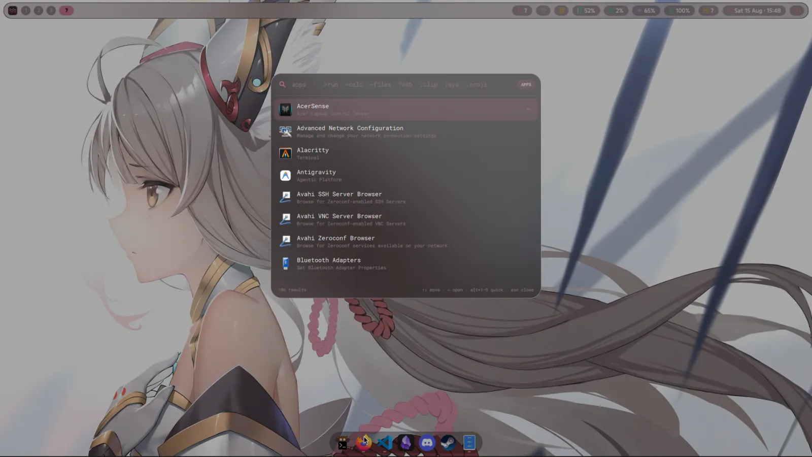 The launcher: a search field with mode chips above a filtered application list