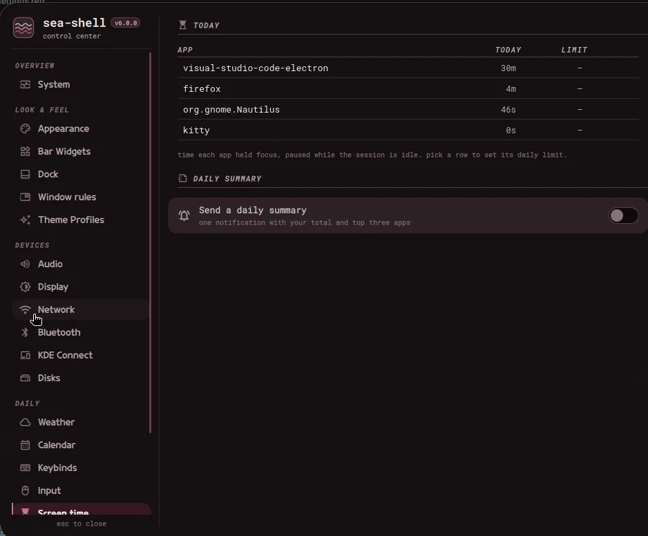 The Screen time tab, listing applications with time used today