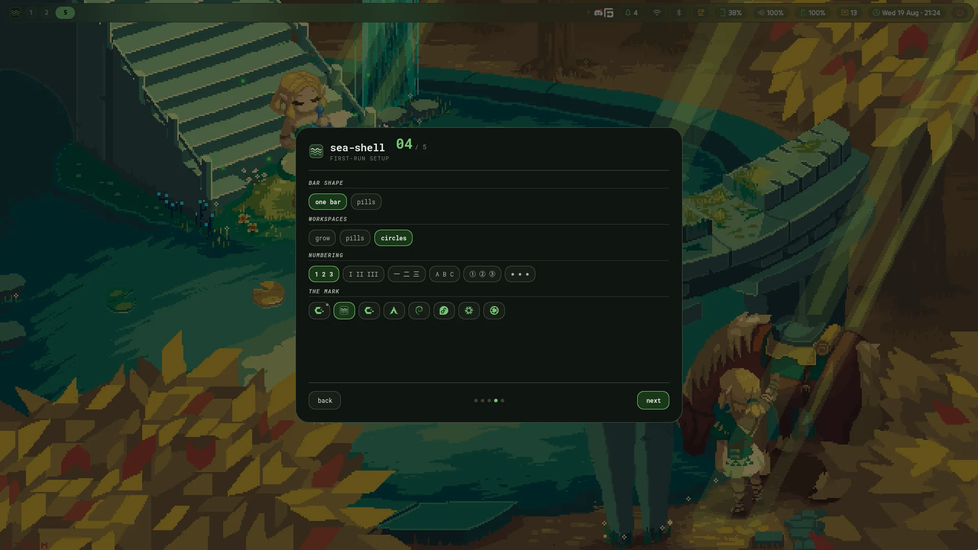 The first-run tour on its fourth screen: bar shape, workspace style, numbering scheme and distribution mark, each a row of chips