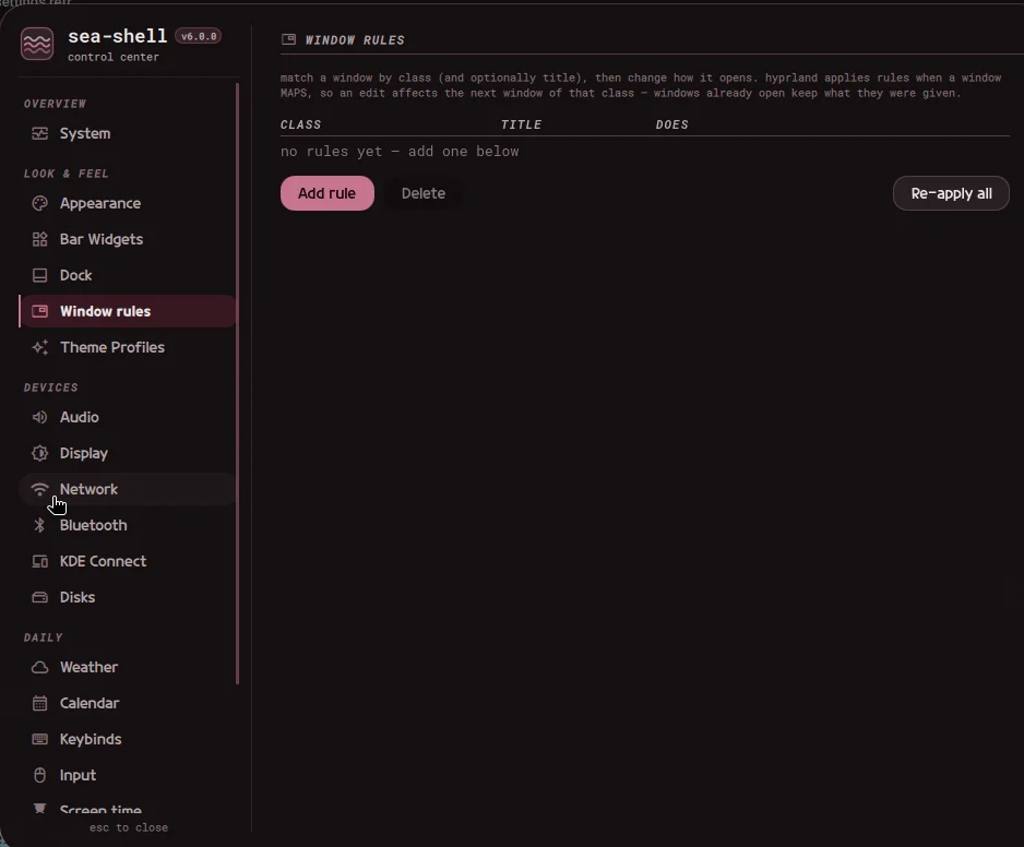 The Window rules tab for creating per-application rules