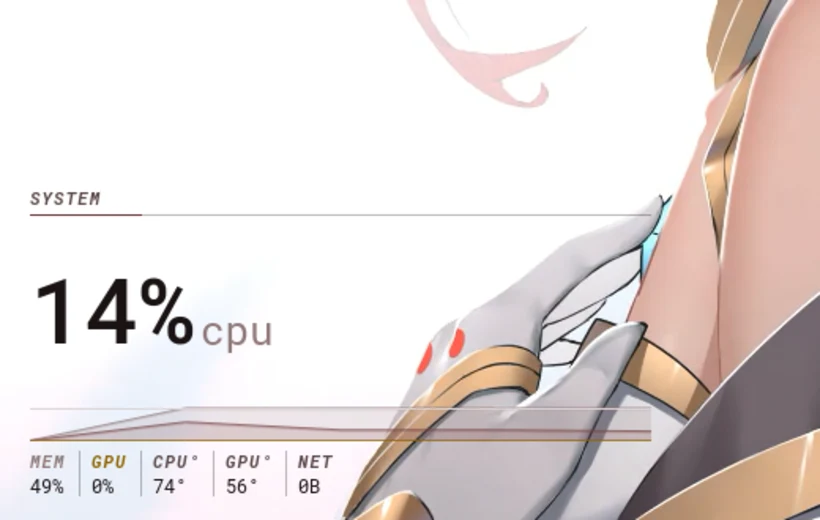 The system widget: a tracked SYSTEM label over a hairline, 14% cpu, three overlaid traces, and a row of readings