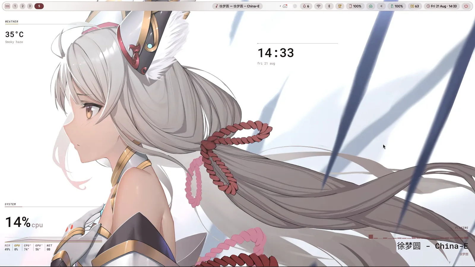 The desktop: a clock, a system read-out and a shortcut placed in the empty parts of an anime wallpaper, clear of the character