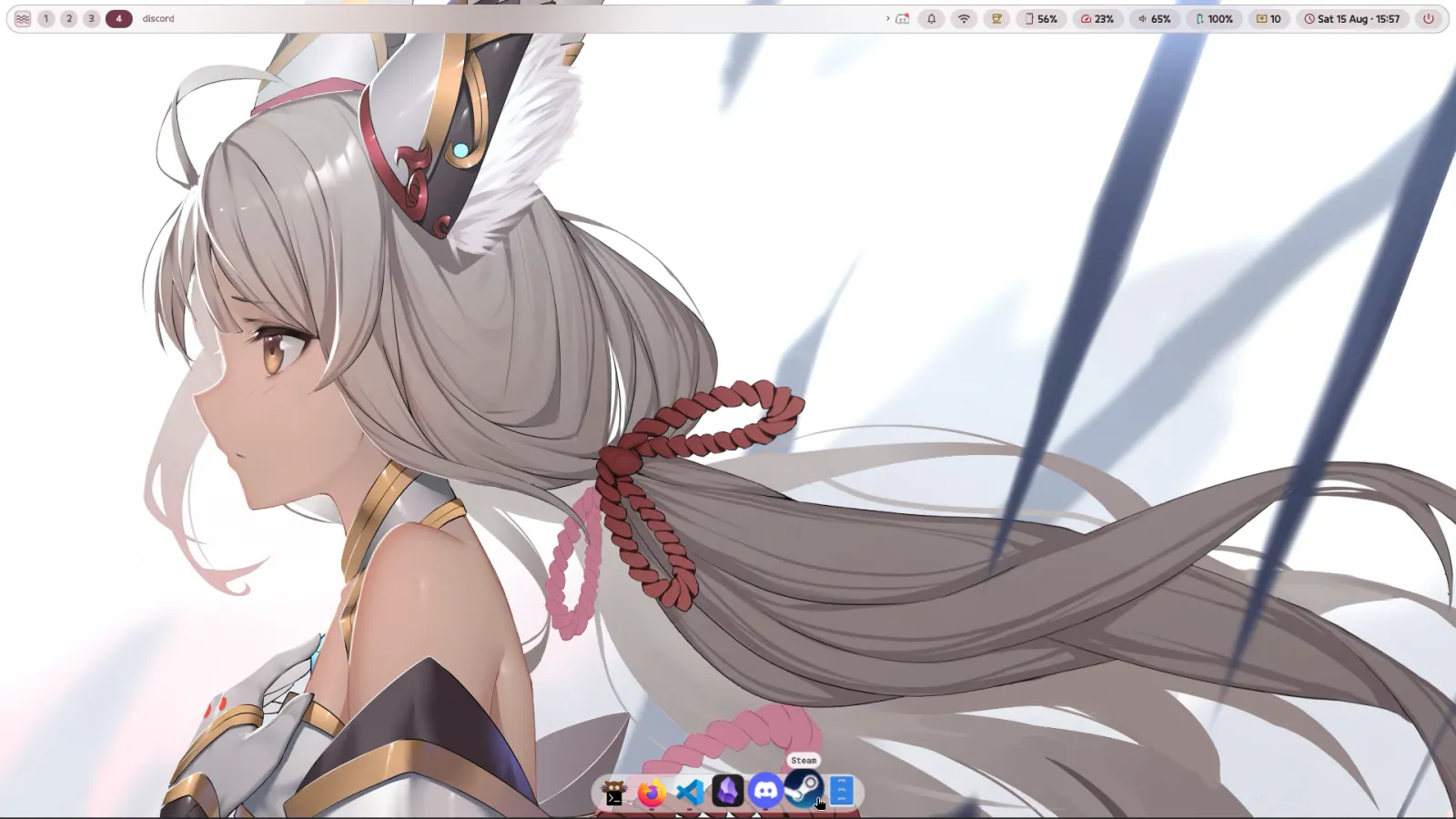 The desktop on a pale anime wallpaper, recoloured to match