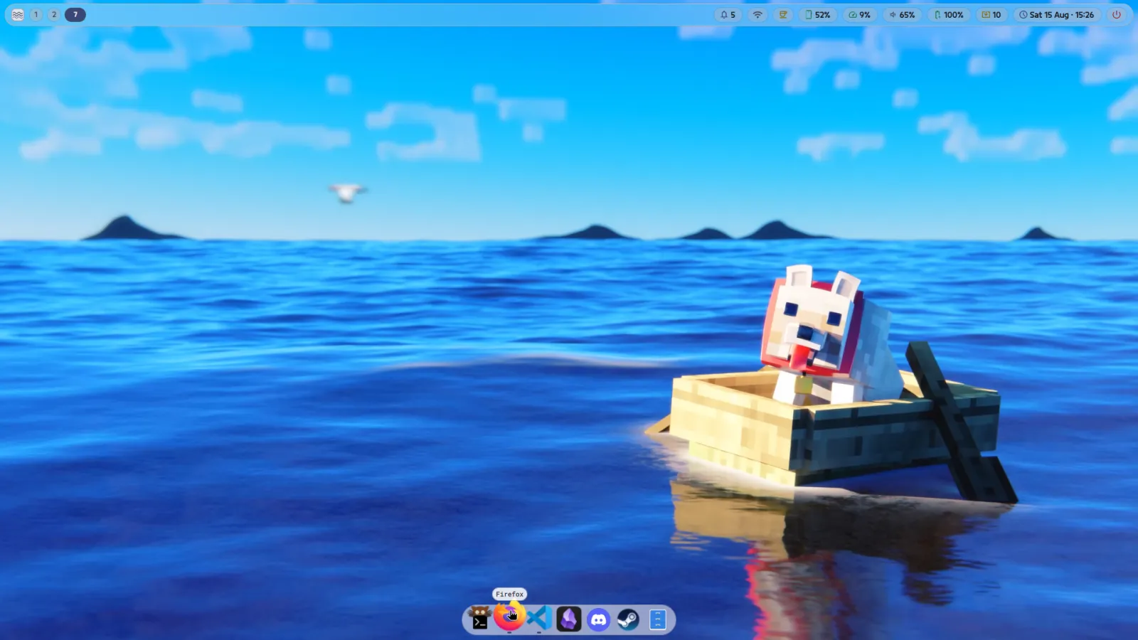 The desktop on a dusk-lit voxel wallpaper, recoloured to match