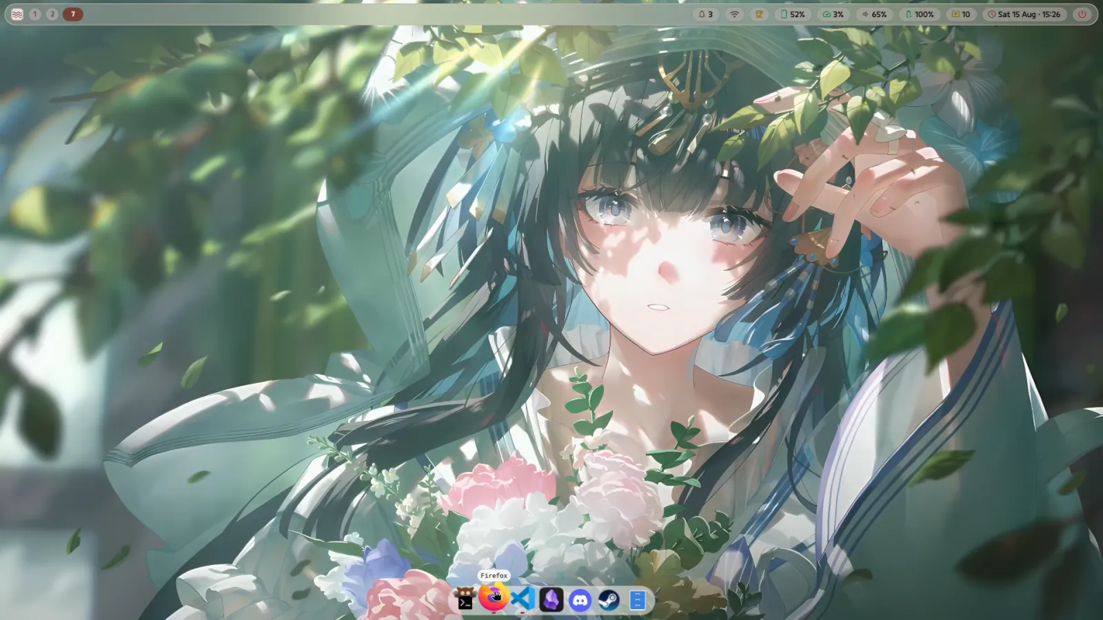 The desktop on a warm garden wallpaper, recoloured to match