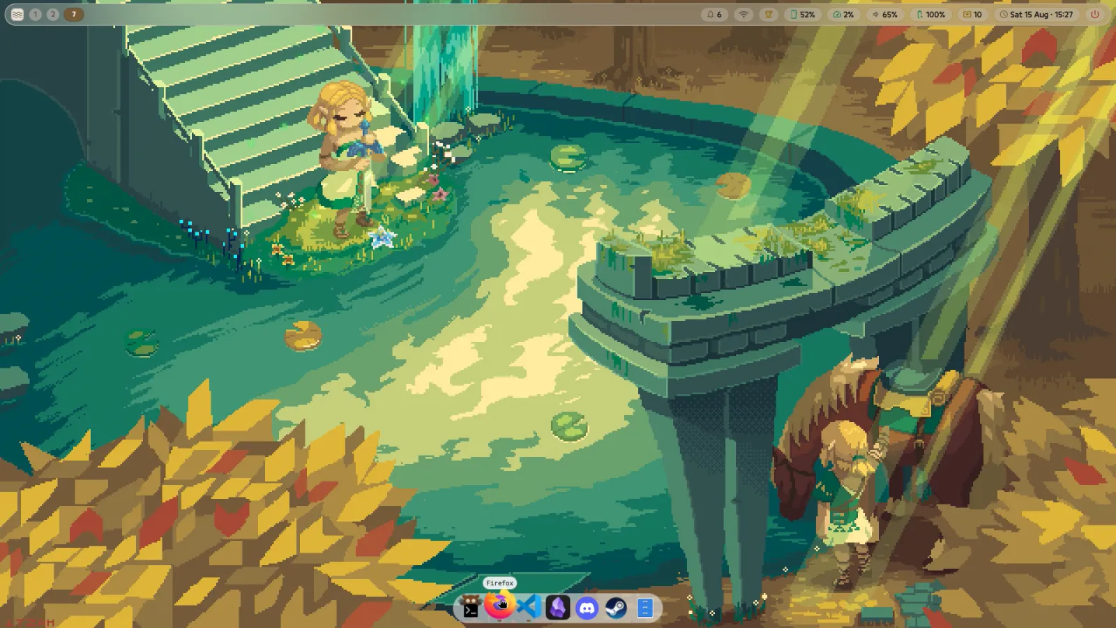The desktop on a green pixel-art wallpaper, recoloured to match